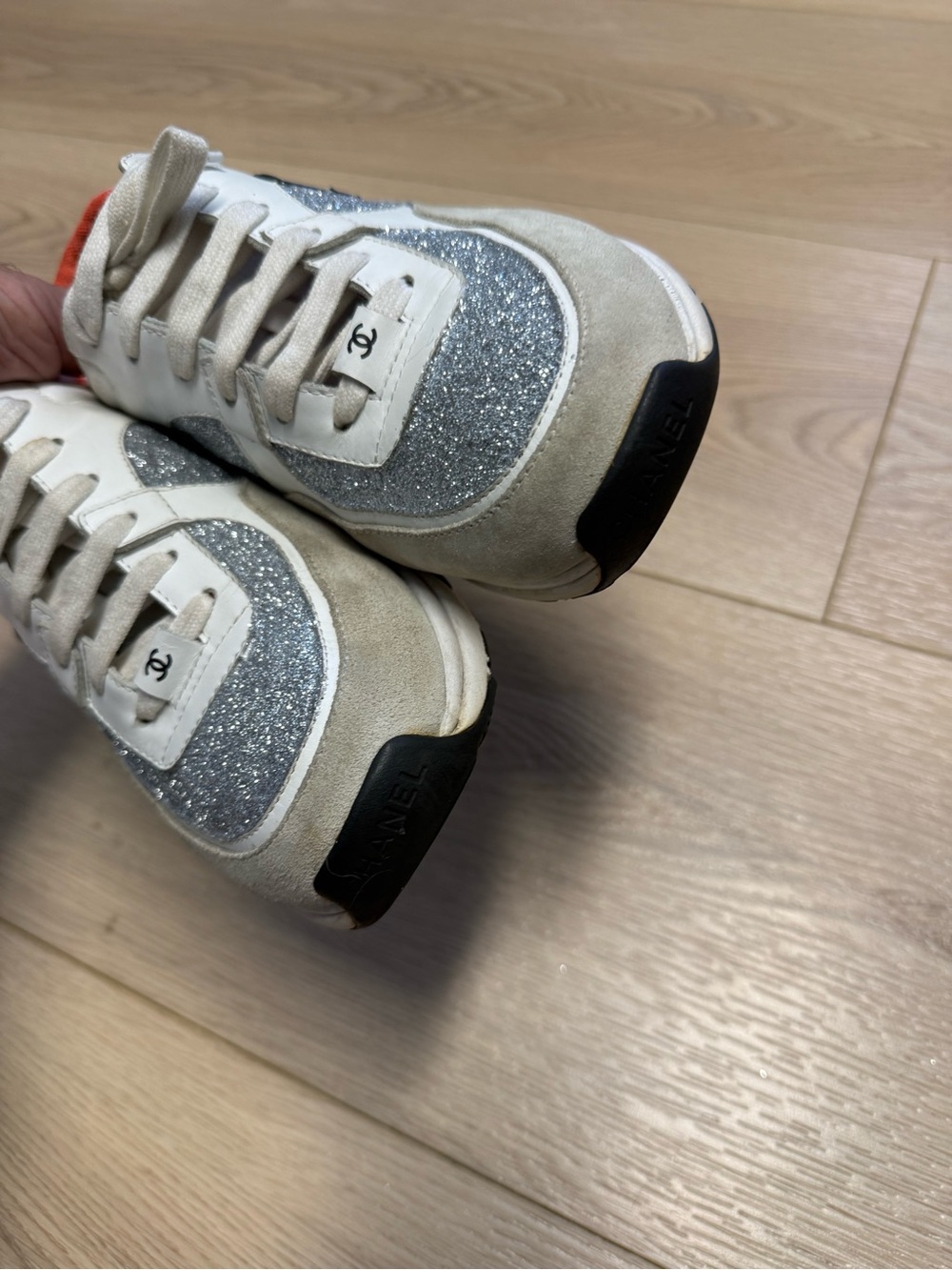 CHANEL White, Silver Glitter and Orange Low-Top Running Sneakers Size 8 (38) - Picture 16 of 16